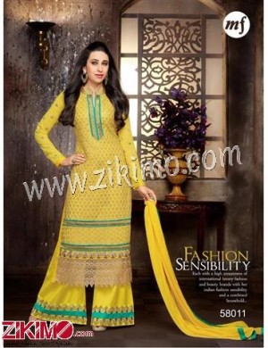 Yellow and SeaGreen Embroidered Georgette Semi-stitched Straight Suit