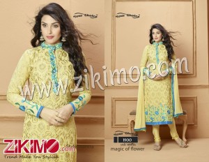 Your Choice LightYellow and Blue Pure Dyeble Georgette Embroidered Un-stitched Party Wear Straight Long Suit 1900