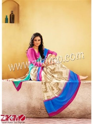 Pink Blue and LightYellow Chiffon Saree With Blouse Piece 4015