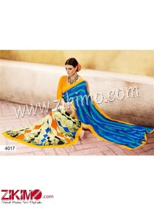Yellow RoyalBlue and SeaGreen Chiffon Saree With Blouse Piece 4017