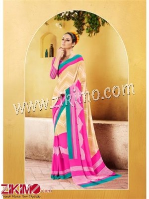 SeaGreen Beige and Pink Chiffon Saree With Blouse Piece 4027