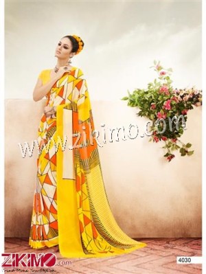 Charming Yellow Orange and Cream Chiffon Saree With Blouse Piece 4030