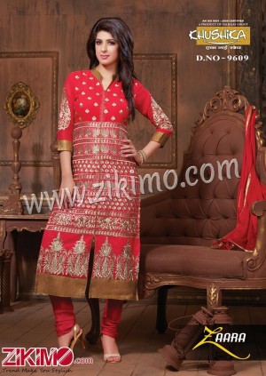 Zaara 9609 Crimson and Silver Cotton Embroidered Un-stitched Suit With Chiffon Dupatta