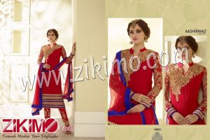 Zikimo Aashirwad 3003 Red and Blue Georgette and Mono Net Wedding Wear/Occasion Wear Semi Stitched Designer Suit