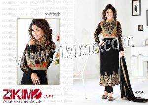 40004 Black and Burlywood Embroidered Georgette  Semi-Stitched Party Wear Pants Style Long Straight Suit With Chiffon Dupatta