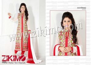 40006 White and Red Embroidered Georgette  Semi-Stitched Party Wear Pants Style Long Straight Suit With Chiffon Dupatta