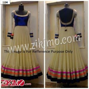 Zikimo Designer Net Biege Blue Wedding Wear Floor Length Anarkali Suit With Net Dupatta