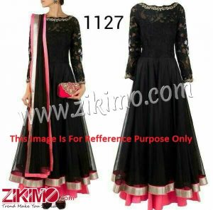 Zikimo Designer Net Fabric Black And Pink Ankle Length Anarkali Suit With Net Dupatta