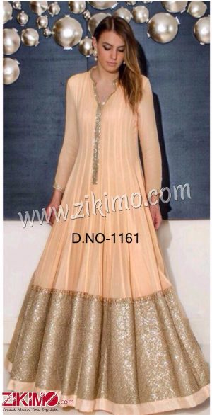 Zikimo Designer Net Peach Wedding Wear Floor Length Anarkali Suit With Net Dupatta