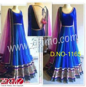 Zikimo Designer Net Velvet Blue Wedding Wear Floor Length Anarkali Suit With Net Dupatta