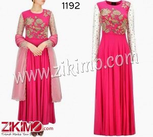 Zikimo Designer Georegtte Hot Pink Wedding Wear Ankle Length Anarkali Suit With Net Dupatta
