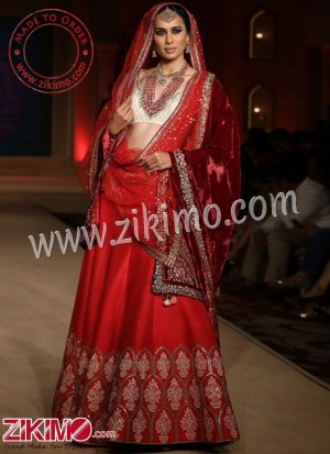 Zikimo Bajirao Mastani Indian Bridal Wear Red Lehenga with Floral Pot Design