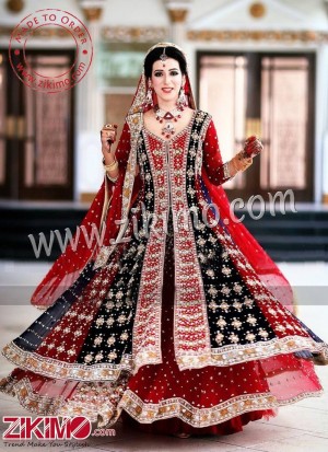 Zikimo Black & Red Net Indian Bridal Lehenga With Sequins Work
