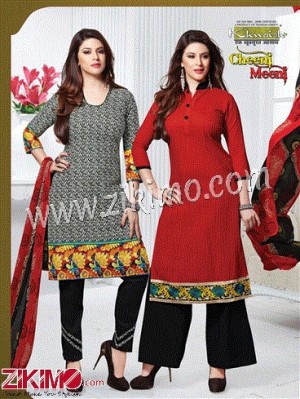 Cheeni Meeni Black and Red Printed Cotton Un-stitched Party Wear/Daily Wear Chudidar Suit With Chiffon Dupatta 5403