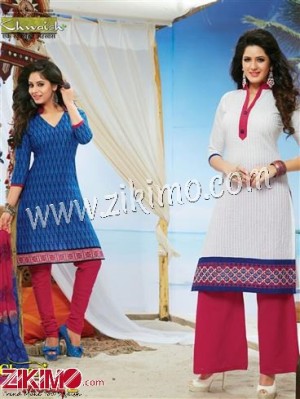Cheeni Meeni Blue white and Red Printed Cotton Un-stitched Party Wear/Daily Wear Chudidar Suit With Chiffon Dupatta 6302