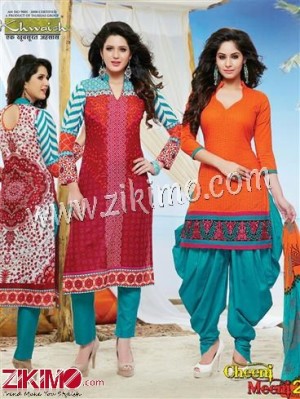 Cheeni Meeni Red Orange and SpringGreen Printed Cotton Un-stitched Party Wear/Daily Wear Chudidar Suit With Chiffon Dupatta 6303