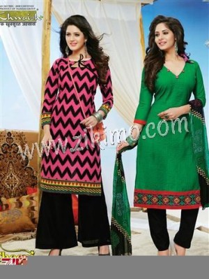 Cheeni Meeni DeepPink Green and Black Printed Cotton Un-stitched Party Wear/Daily Wear Chudidar Suit With Chiffon Dupatta 6307