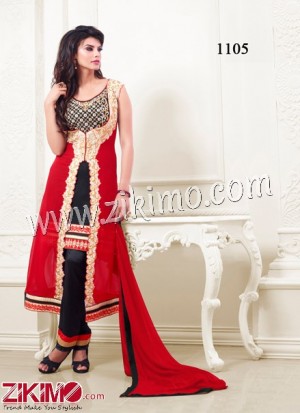 Zikimo 1105 Designer Party Wear Black And Red Faux Georgette Pants/Palazzo Straight Cut Suit