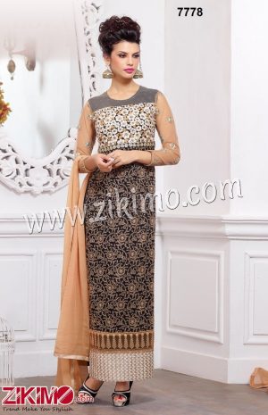Pure Georgette Black and Biege Party /Wedding Wear Straight Long Suit