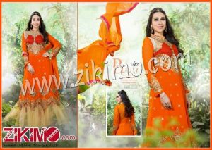 Firoza Karishma Kapoor Orange and Biege Georgette Net Double Frill Embroidered Wedding/Party Wear Anarkali Suit 11017