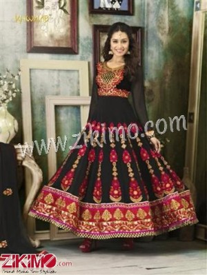 Khwaab 1111 Shradha Kapoor Embroidered Georgette Semi-Stitched Black and Red Anarkali Suit