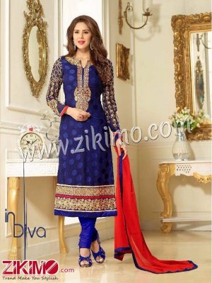 Zikimo Levina 13002 NavyBlue Embroidered Brasso Semi-stitched Party Wear/Wedding Wear Straight Suit