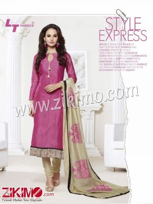 Zikimo LT66005Pink and Beige Embroidered Cotton Un-stitched Chudidar Suit with Chiffon Dupatta