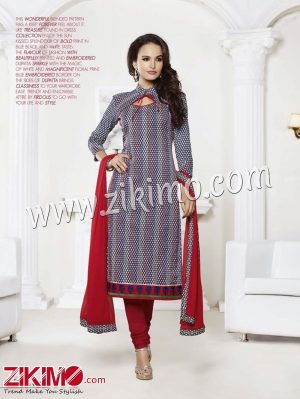 Zikimo LT66007White and Red Embroidered Cotton Un-stitched Chudidar Suit with Chiffon Dupatta