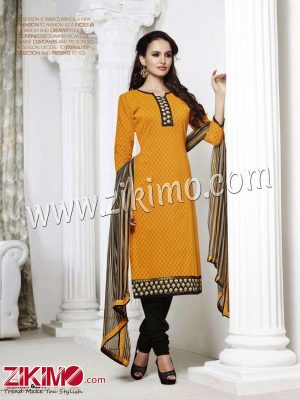 Zikimo LT66011Chrome Yellow and Black Embroidered Cotton Un-stitched Chudidar Suit with Chiffon Dupatta