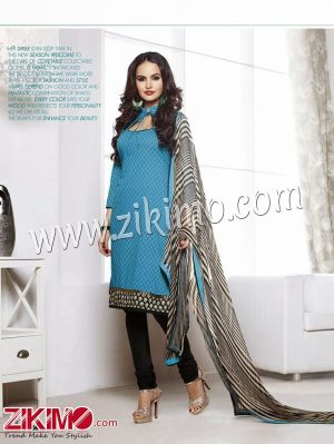 Zikimo LT66012Sky Blue and Black Embroidered Cotton Un-stitched Chudidar Suit with Chiffon Dupatta