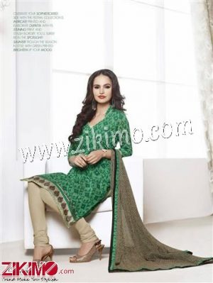 Zikimo LT66013Green and Beige Embroidered Cotton Un-stitched Chudidar Suit with Chiffon Dupatta