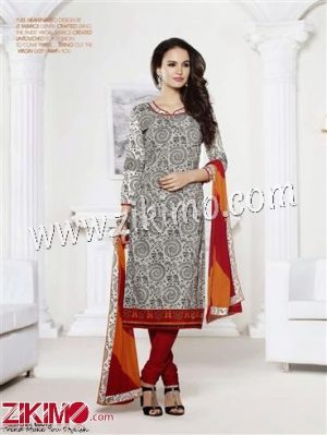 Zikimo LT66015White and Red Embroidered Cotton Un-stitched Chudidar Suit with Chiffon Dupatta