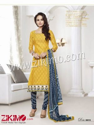 Zikimo LT66018Yellow and Teal Blue Embroidered Cotton Un-stitched Chudidar Suit with Chiffon Dupatta