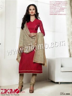 Zikimo LT66020 Dark Pink and Beige Embroidered Cotton Un-stitched Chudidar Suit with Chiffon Dupatta