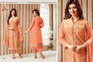 ZIKIMO Myriaam 135 Light Orange Designer Embroiderd Chanderi Cotton Un-stitched Party Wear Straight Suit