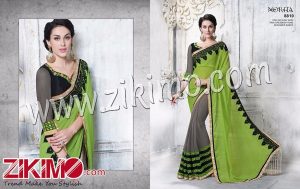 Zikimo Mudra 8810 Green With Grey Designer Embroidery Work Georgette Silk Wedding Party Wear Saree