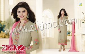 Prachi Desai 33212 TanBrown Embroidered Georgette  Semi-stitched Party Wear  Long Straight Suit Chiffon Dupatta