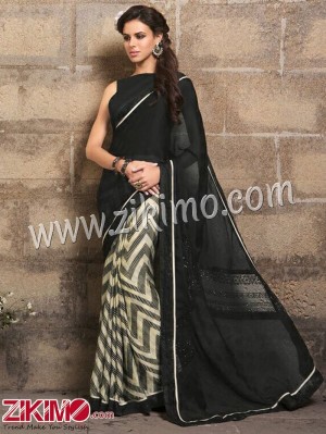 Pavitra Sahiba 1012 Black and Beige Party Wear/Daily Wear Goergette Saree
