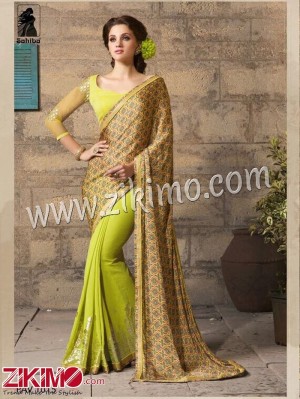 Pavitra Sahiba 1015 LemonGreen and Multicolor Party Wear/Daily Wear Goergette Saree