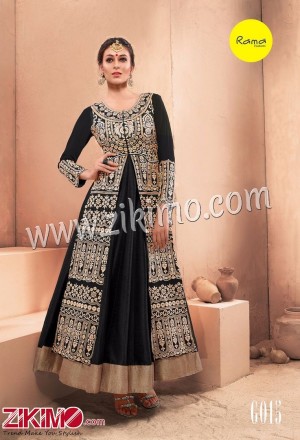 Rama Embroiderded Pure Dhupion Black Jacket And Gown With Net Dupatta
