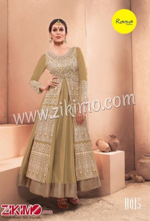 Rama Embroiderded Pure Dhupion Light Mehandi Jacket And Gown With Net Dupatta