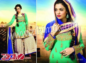 Rama KP003 Georegtte Embroidered Wedding/Party Wear Green Short Top With Jacket Blue Plazo/Sharara Suit