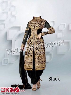 Designer Black Sherwani Type Embroidered Semi-stitched Party Wear Designer Suit WIth Nazneen Dupatta