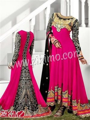Designer Dark Pink and Black Embroidered Georgette Semi-Stitched Anarkali Suit with Chiffon Dupatta