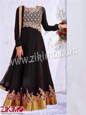 Designer Black and GoldenEmbroidered Georgette Party Wear Semi-Stitched Anarkali Suit with Chiffon Dupatta