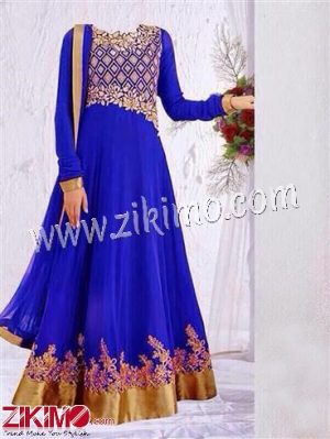 Designer Royal Blue and GoldenEmbroidered Georgette Party Wear Semi-Stitched Anarkali Suit with Chiffon Dupatta