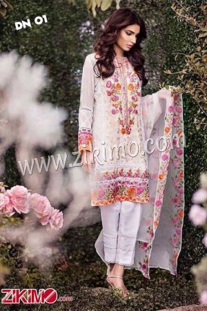 Zikimo Rosemeen Pakistani Printed Georgette White Embroidered Palazzo Pants Style Suit