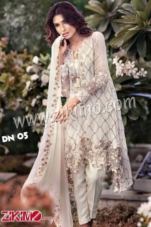 Zikimo Rosemeen Pakistani Printed Georgette Off White Embroidered Palazzo Pants Style Suit