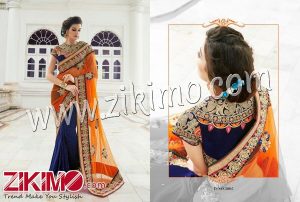 Zikimo 5005 Designer Blue Orange Embroidery Work Georgette Net Wedding Party Wear Saree