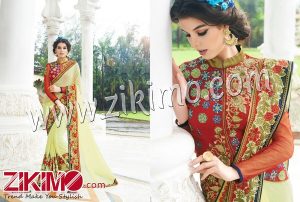 Zikimo 5008 Lime Color Designer Embroidery Work Georgette Wedding Party Wear Saree